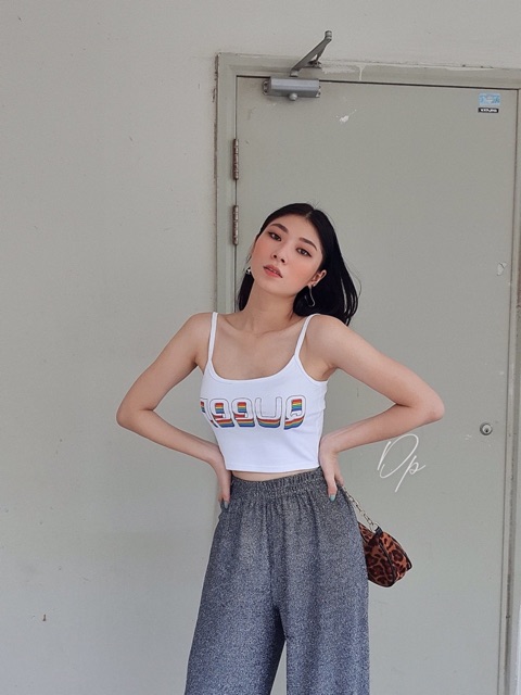 Áo croptop dây trắng in hình