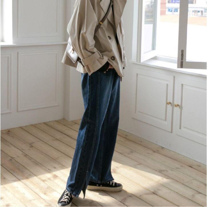Quần jean ống suông rộng lưng cao xẻ tà phong cách Retro Hàn Quốc mới