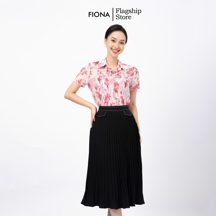 Áo sơ mi nữ thiết kế FIONA, áo voan tơ họa tiết hoa hồng, sơ mi dáng suông cộc tay mã F551235
