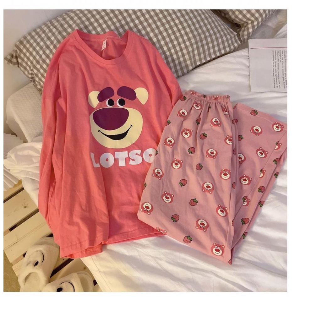 Bộ Đồ Ngủ Tay Dài In Hình Gấu Và Dâu Tây Dễ Thương Phong Cách Nhật Bản Thời Trang Xuân Thu Cho Nữ