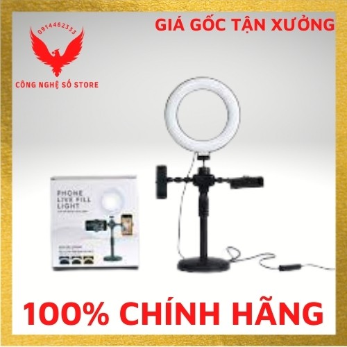 Đèn livestream 3 in 1, điều chỉnh 3 chế độ, kèm kẹp 2 điện thoại.