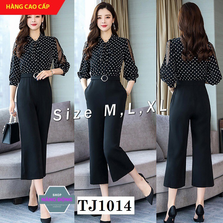 Jumpsuit Lửng 💕FREESHIP💕Giảm 45k Khi Mua Đơn Từ 500k - Jum Lửng ống suông chấm bi tay phối ren kèm thắt lưng TJ1014