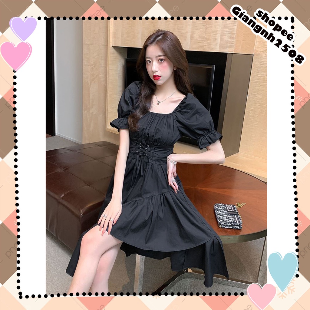 V019 Váy nữ dáng xòe xẻ chân thắt nơ eo tiểu thư, đầm dài dáng xòecổ vuông tay bồng đen trắng bánh bèo nữ tính