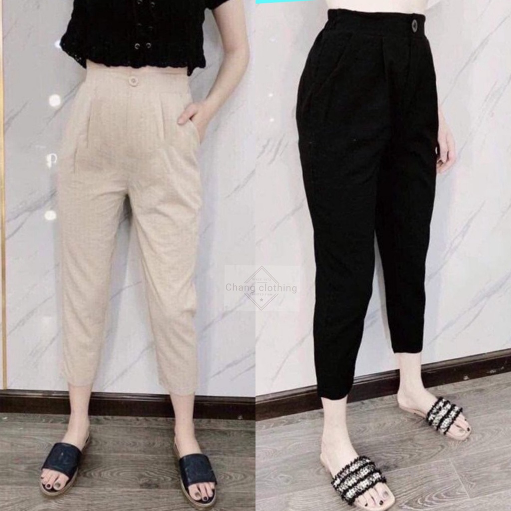 Quần baggy nữ vải đũi cạp thun chun dáng dài chất đũi mát mềm màu đen quần đũi nữ mặc ở nhà đi học làm đi biển