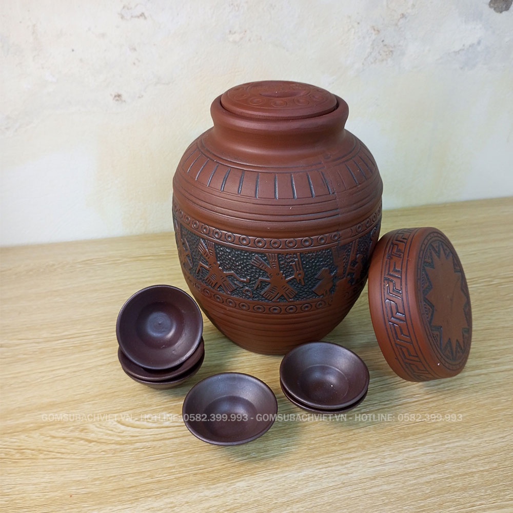 Bộ chum sành ngâm rượu trống đồng 5 lít kèm 6 chén (ly) rượu