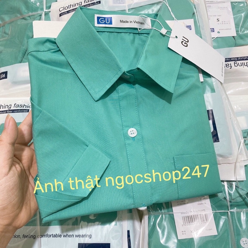 Áo Sơ Mi Nữ G.U Màu Xanh Chất Thô Lụa Mềm Mát Sơ Mi Nữ Tay Ngắn Công Sở