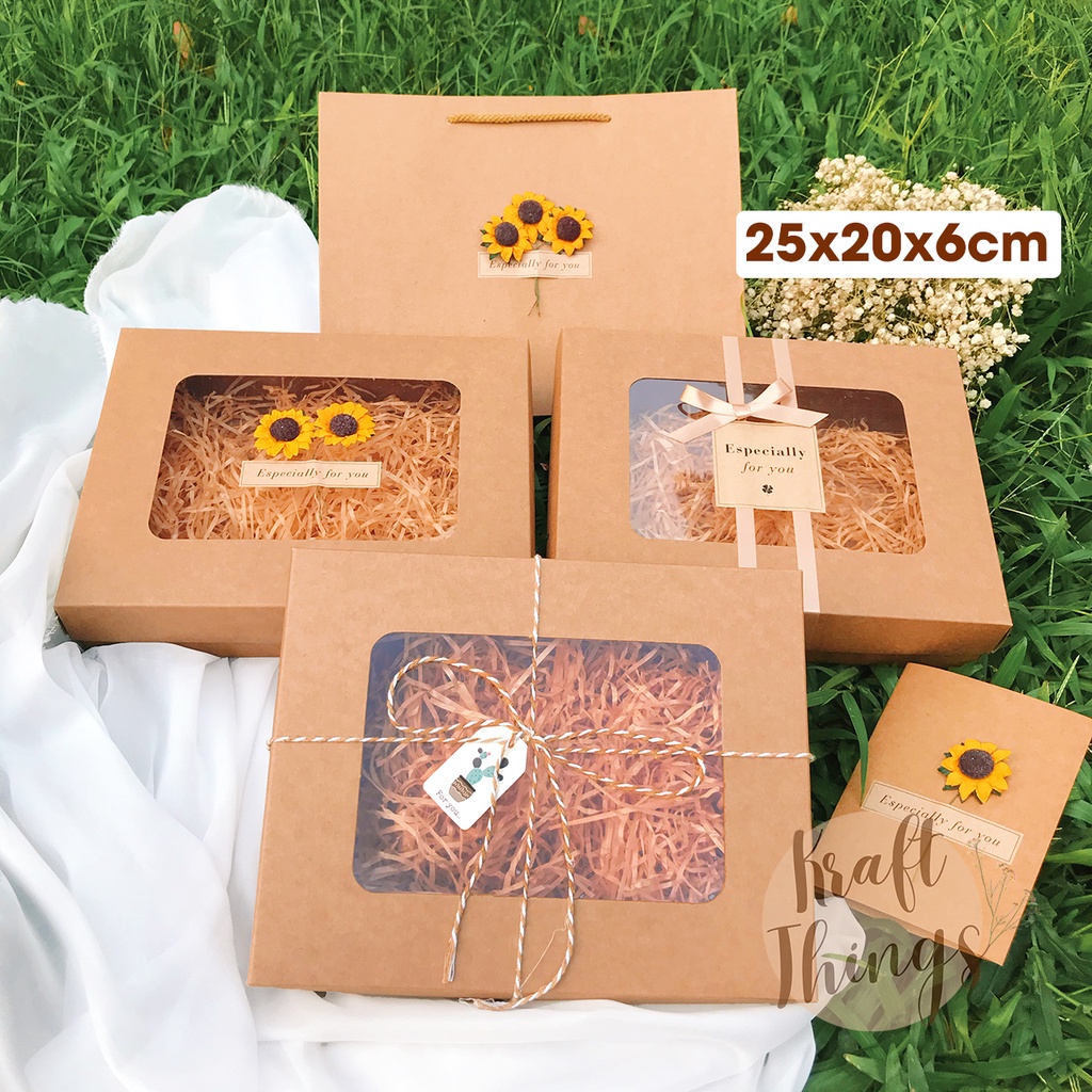 Hộp giấy Kraft nắp cửa sổ trong suốt, hộp quà nắp trong vintage kèm giấy rơm, nơ, tag H04 (chưa gồm thiệp, túi)