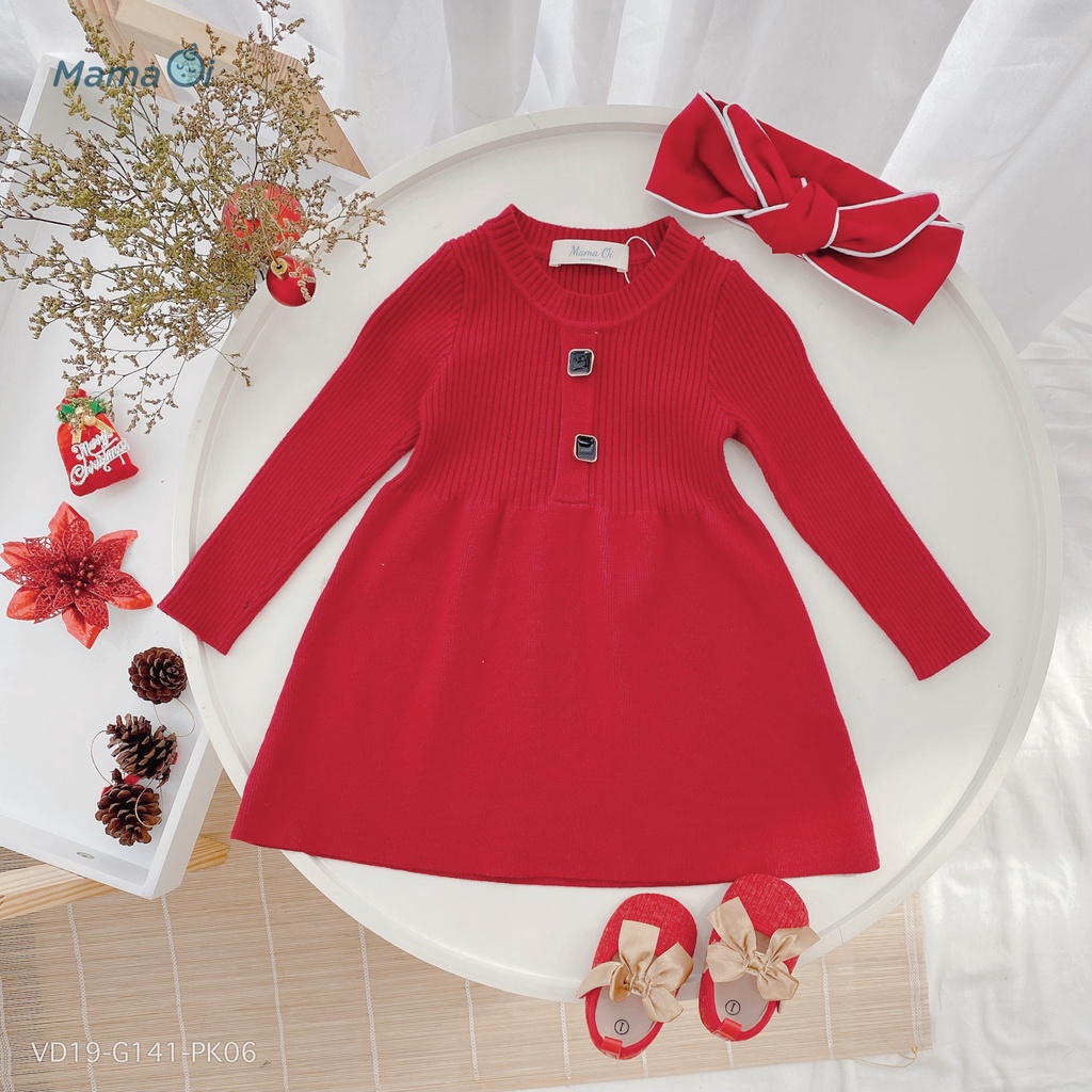 VD19-G141-PK06 Set váy len đỏ-Giày Búp Bê- Băng đô Nơ đỏ cho bé gái siêu dễ thương của MaMaOi- Thời Trang Cho Bé