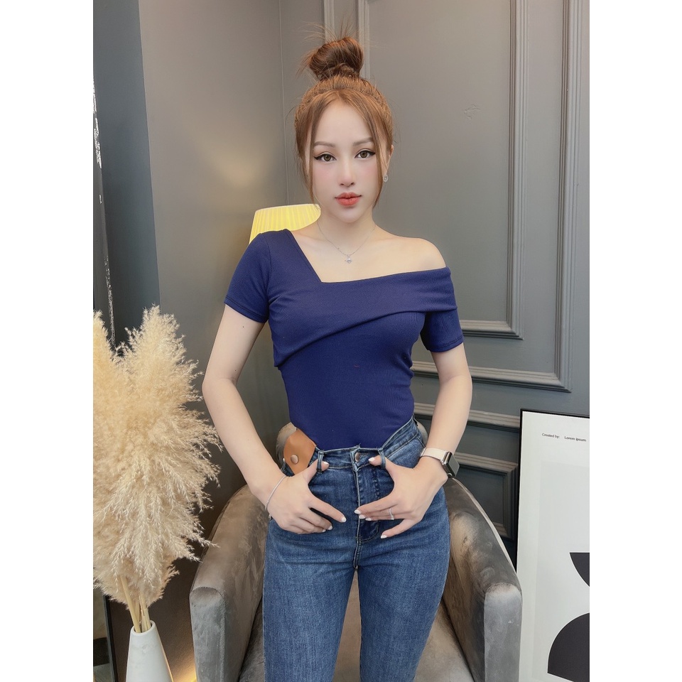 Áo thun lệch vai nữ nữ CRAZYTEEN ngắn tay thanh lịch AT0253