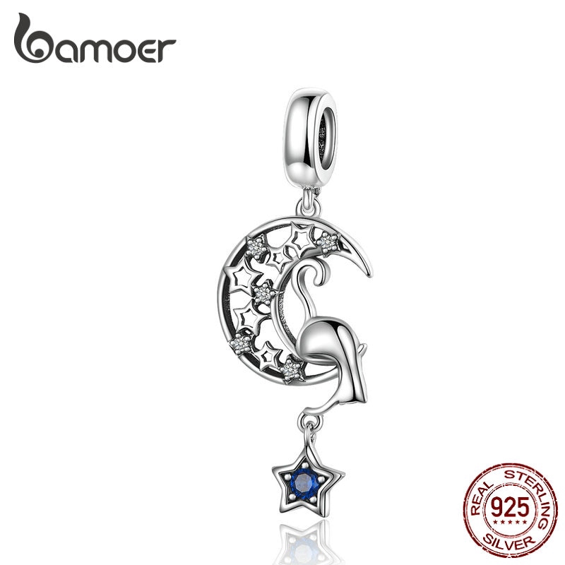 Charm Bamoer SCC1205 Bằng Bạc 925 Hình Mặt Trăng Ngôi Sao Và Mèo Vintage Dùng Làm Vòng Tay/dây Chuyền
