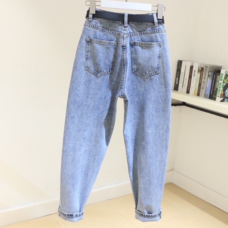 Quần jeans baggy nữ lưng cao hoạ tiết trơn vải bò dày dặn freeship