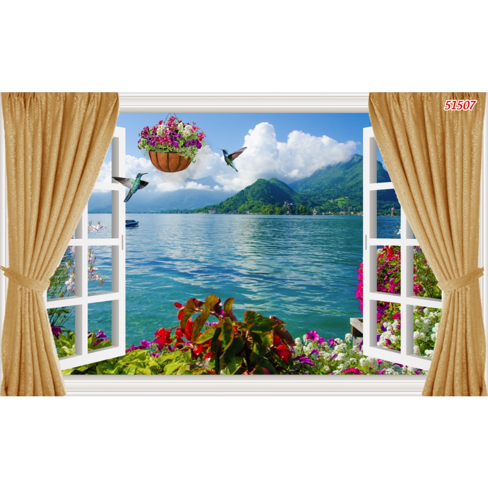 Tranh dán tường 3d cửa sổ thoáng mát tạo cảm giác thoải mái, tự nhiên