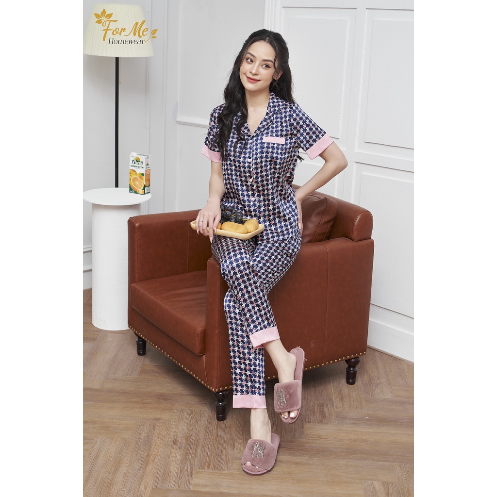 Bộ ngắn tay quần dài mặc nhà lụa giấy luxury cao cấp họa tiết Nơ 10, forme pijamas