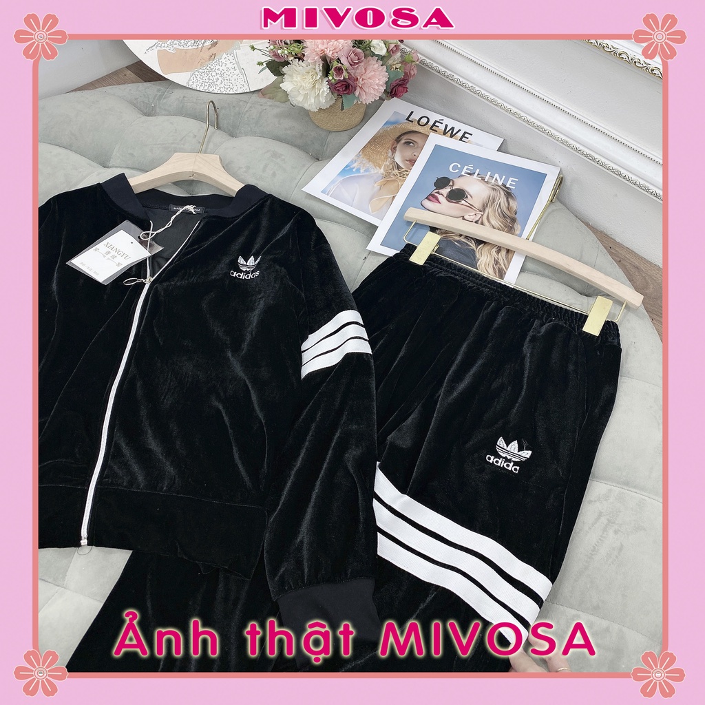 Bộ nhung nữ thêu chữ sọc thể thao đồ bộ nữ thu đông cổ tròn quần jogger nữ MIVOSA 080