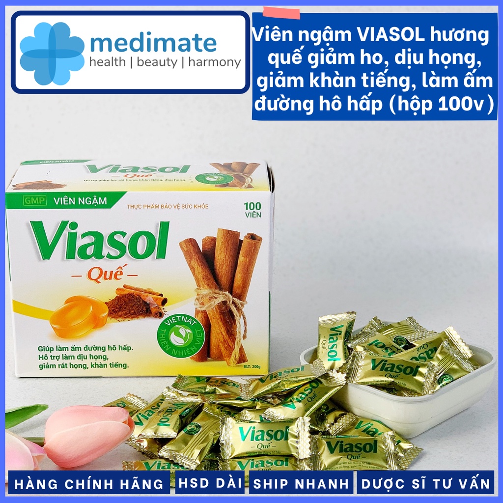 Viên ngậm VIASOL hương quế giảm ho, dịu họng, giảm khàn tiếng, làm ấm đường hô hấp
