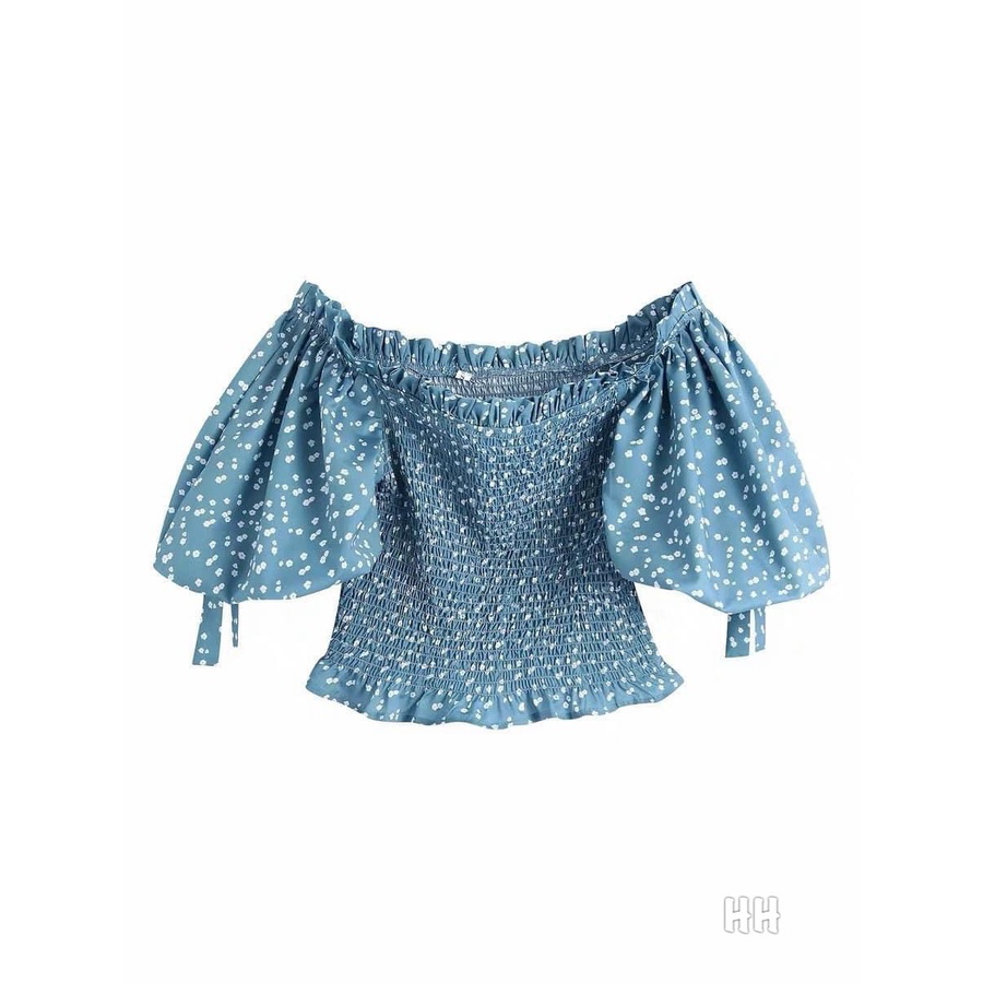 [Xả hàng]Áo lụa trễ vai croptop chấm bi - Bobu Shop - thời trang nữ tay bồng - chất lụa mềm mịn 1 màu xanh ngọc - đủ sml