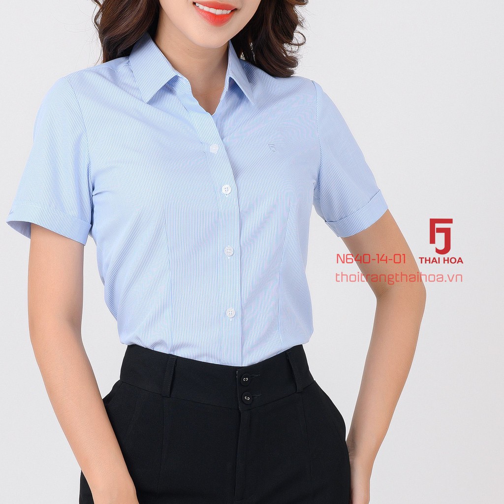 Áo sơ mi nữ công sở ngắn tay Thái Hòa, màu xanh, vải cotton sọc thẳng thumbnail