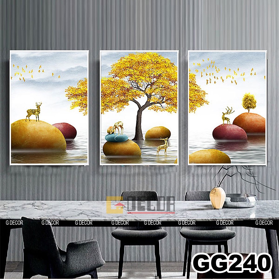Tranh treo tường canvas khung gỗ 3 bức phong cách hiện đại Bắc Âu 162, tranh hươu tài lộc trang trí phòng khách, spa