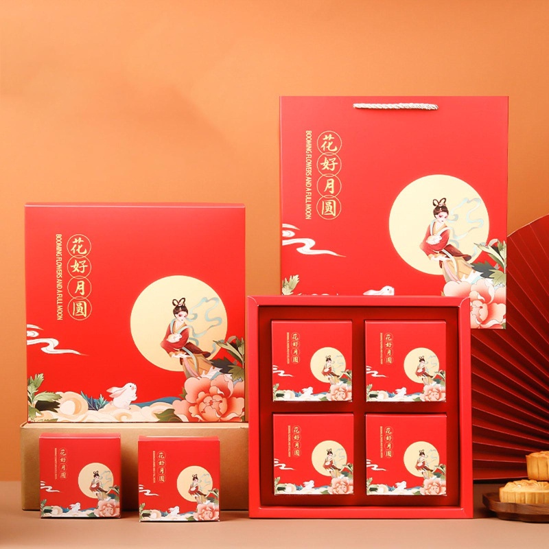 Hộp Đựng Bánh Trung Thu 4 Ngăn Bằng Giấy Có Nắp Dùng Trang Trí Lễ Hội