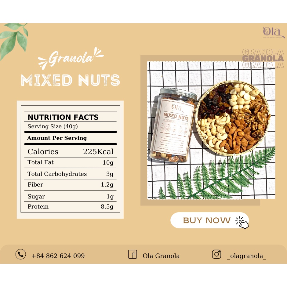 [Mã GROSALE giảm 10% đơn 150K] MIXED NUTS OLA GRANOLA - HỖN HỢP 5 LOẠI HẠT DINH DƯỠNG 500GR
