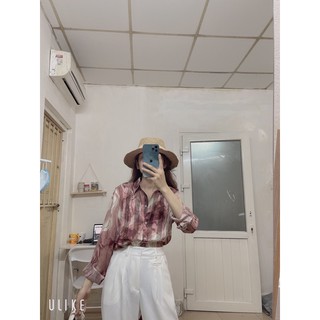 Áo sơ mi lụa xanh loang- hồng loang