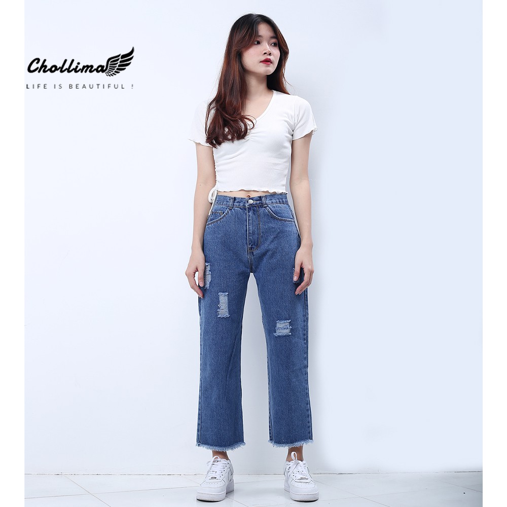 Quần baggy jeans nữ Chollima ống rộng tua lai rách màu xanh jean QD028 | BigBuy360 - bigbuy360.vn