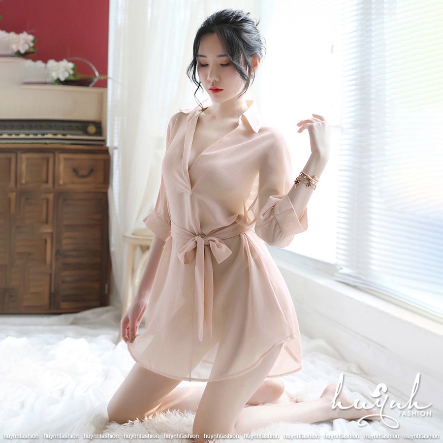 Áo sơ mi ngủ lụa mềm xuyên thấu sexy gợi cảm - N34