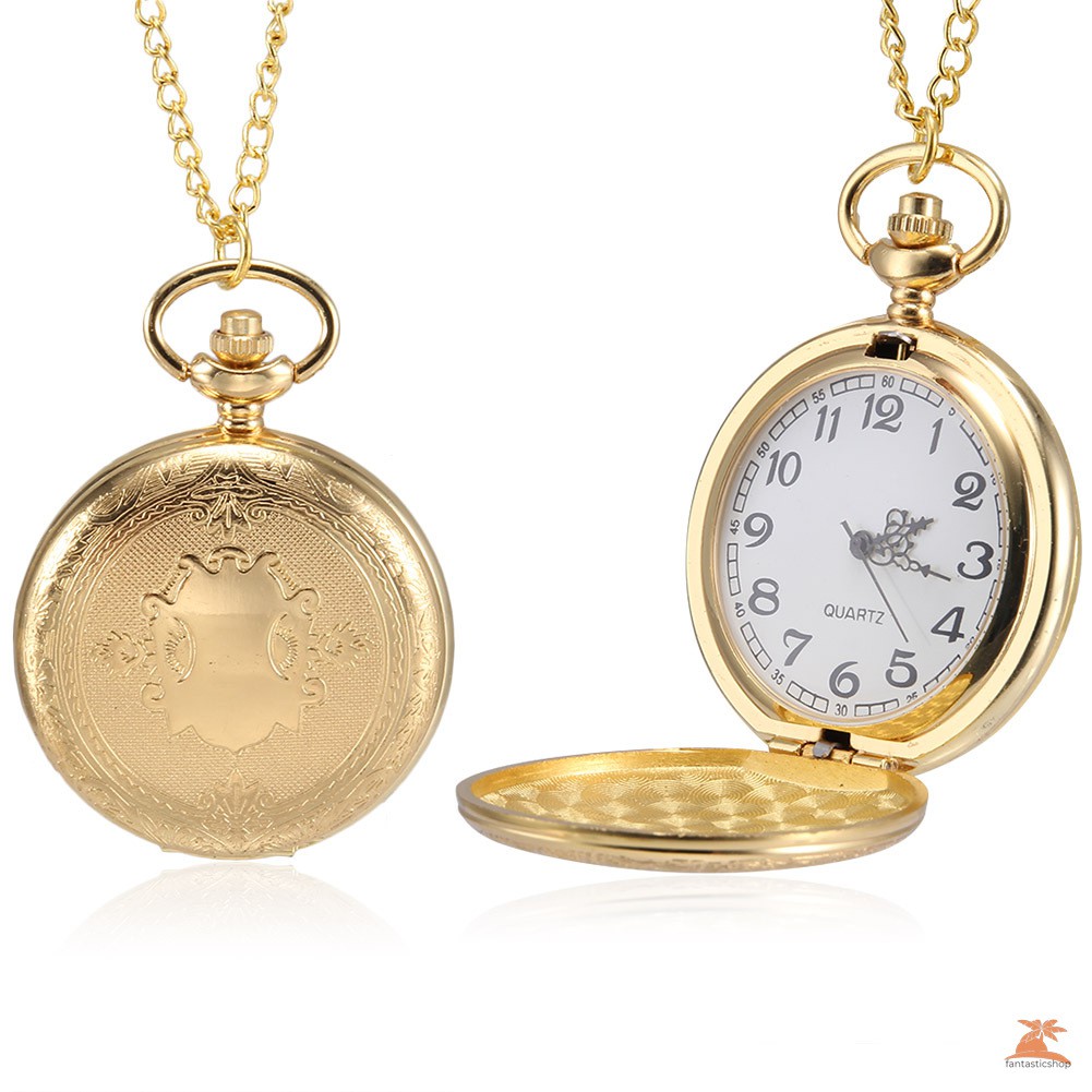 #Đồng hồ bỏ túi# 1pc Men Women Quartz Pocket Watch Golden Shield Pattern Carved Case with Chain