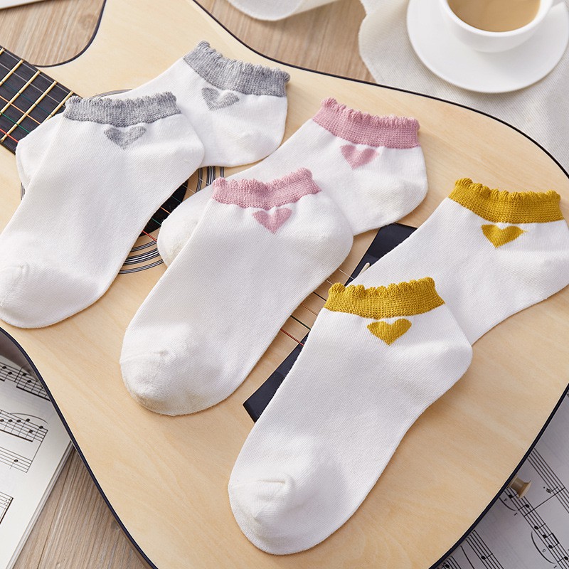 Vớ nữ cổ ngắn tất ngắn cổ phối bèo họa tiết trái tim đáng yêu - T029