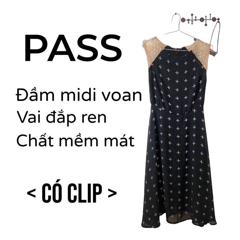 Pass Váy midi voan đen hoạ tiết (Đầm sát nách dáng dài phối vai ren 2 lớp mềm mát) Thanh lý