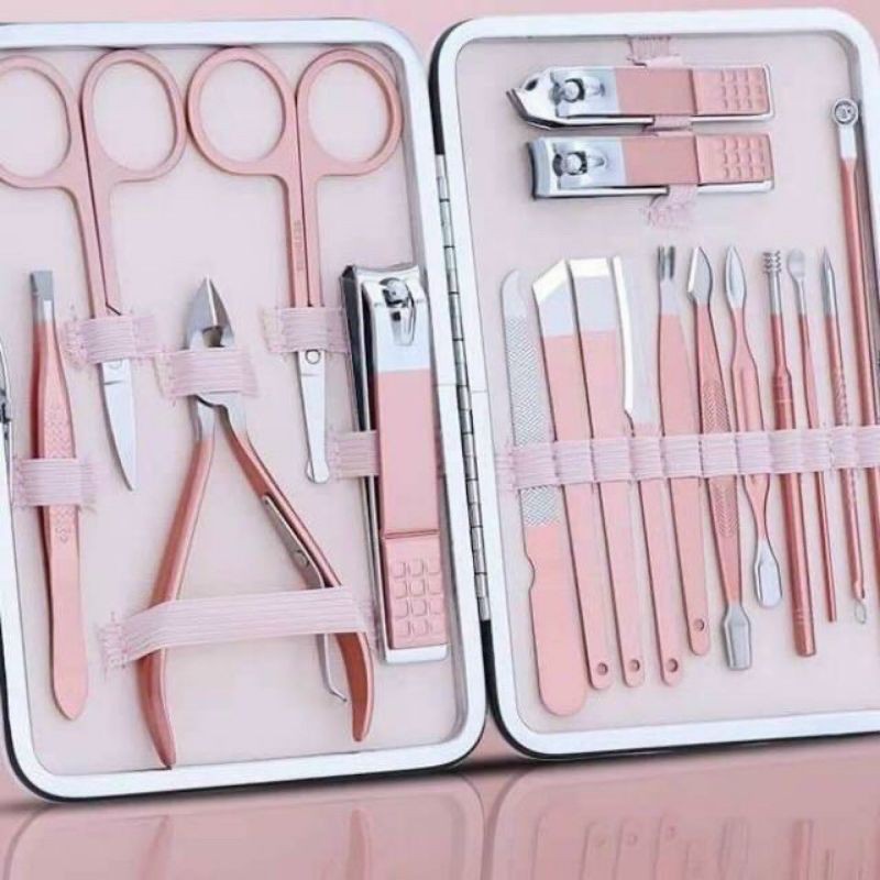 bộ bấm móng tay chân 18 món hộp hồng, Bộ Dụng Cụ Làm Móng 18 Món Lớn, dụng cụ làm móng