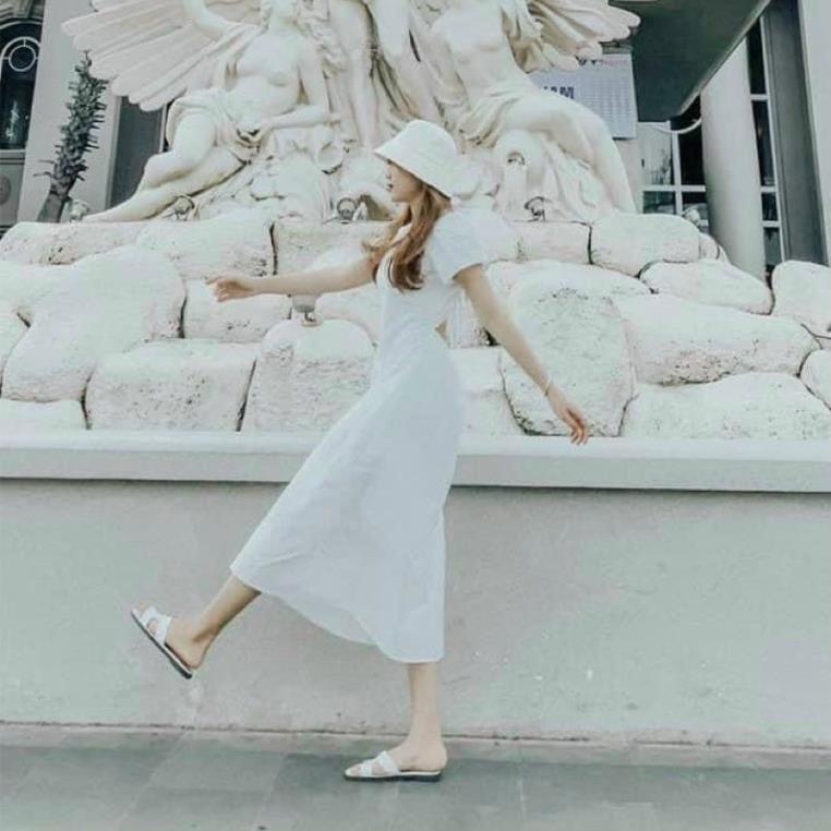 Midi trắng tay con bồng/phồng hở/khoét/cut lưng, đầm váy dài nhẹ nhàng dễ thương thời trang đi chơi/biển dạo phố du lịch