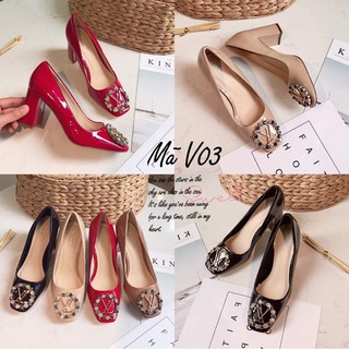 Giày Cao Gót Nữ 🎀 Ảnh Tự Chụp 🎀 Giày Bít Mũi Đế Vuông Da Bóng Đính Khóa Lv Cao Cấp V03 shop diều phương