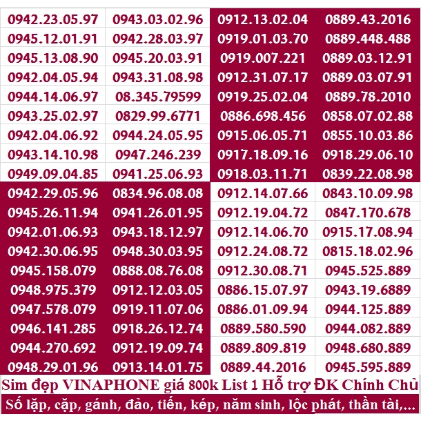 Sim Đẹp VINA GIÁ 800k LIST 1 HỖ TRỢ ĐĂNG KÝ CHÍNH CHỦ MIỄN PHÍ ĐƯỢC HƯỞNG NHIỀU GÓI KHUYÊN MÃI CỦA MẠNG VINAPHONE