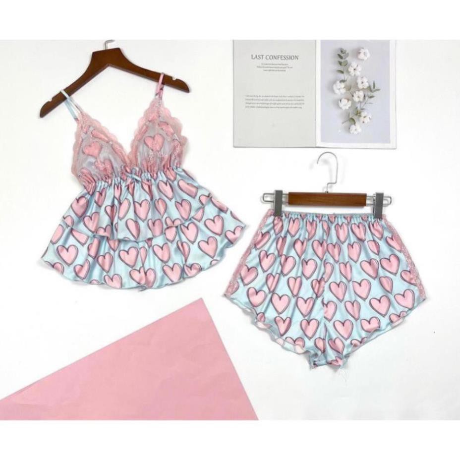 Đồ ngủ cao cấp ⚡HÀNG ĐẸP⚡, áo 2 dây có mút ngực, và quần short lưng thun, phối bèo nhún [**] | BigBuy360 - bigbuy360.vn
