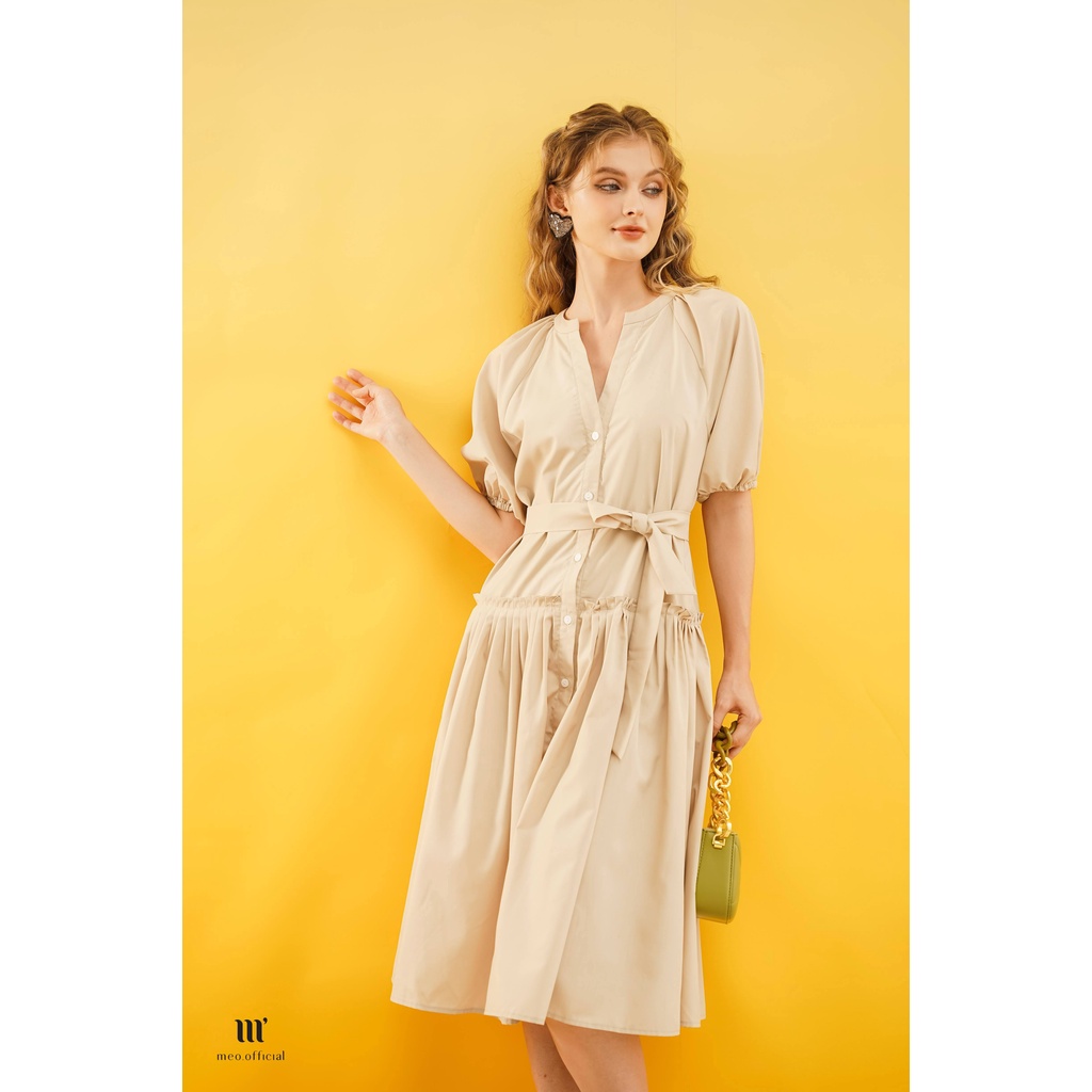 Váy liền nữ Méo shop cổ V ngắn tay phối dây eo dáng xuông phong cách công sở Kalyn