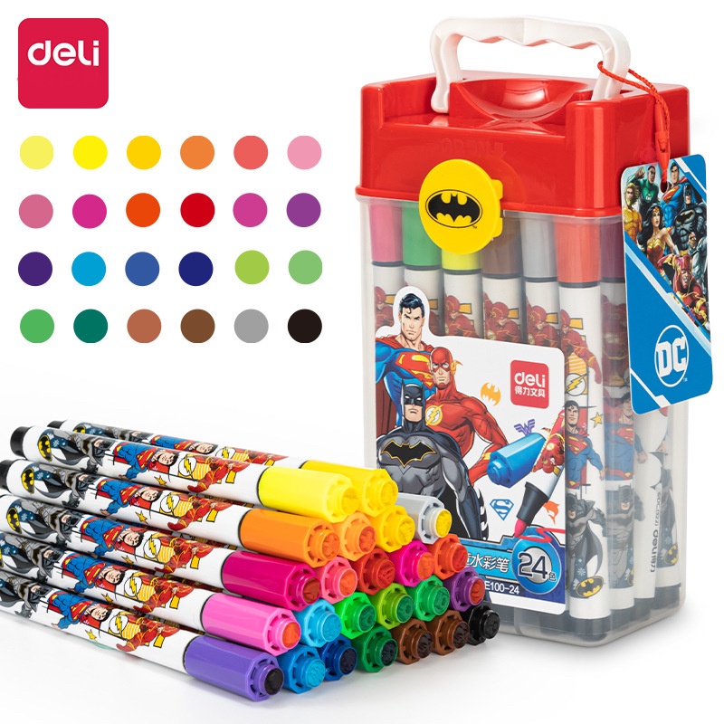 Bút màu nước hộp nhựa quai xách Deli họa tiết siêu nhân - 12 màu/24 màu/36 màu - HE100