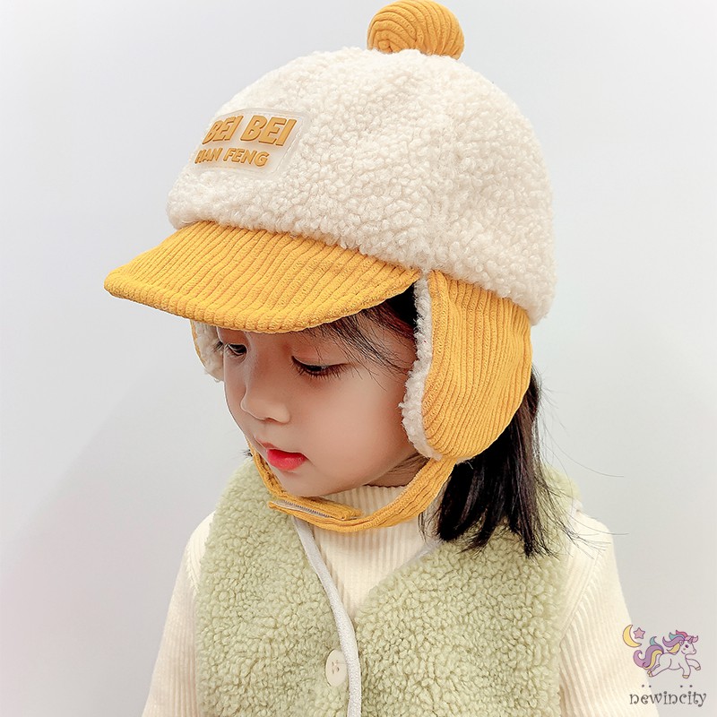 Mũ lông cừu thiết kế có vành tai in chữ phong cách Hàn Quốc thời trang dễ thương cho bé