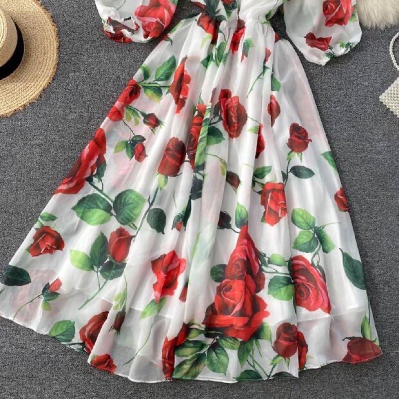 [HÀNG ORDER] Đầm maxi voan hoa hồng cổ nơ tay bồng tiểu Vintage