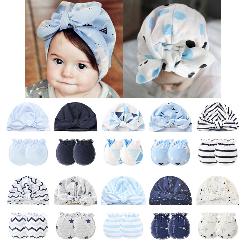 Bộ Găng Tay Và Mũ beanie cotton Thắt Nút Chống Trầy Cho Bé Sơ Sinh