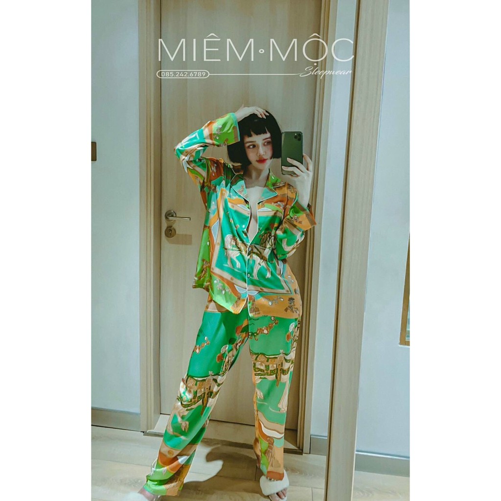 Bộ đồ ngủ mặc nhà LyLy dài tay lụa satin kiểu pijama hoạt tiết sang trọng L234 | BigBuy360 - bigbuy360.vn