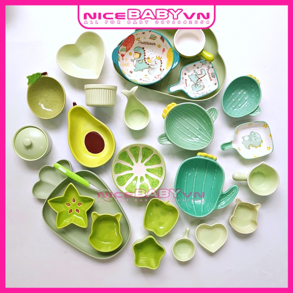 Bát Gốm Sứ Màu Xanh Lá Nhiều Hình Nicebabyvn