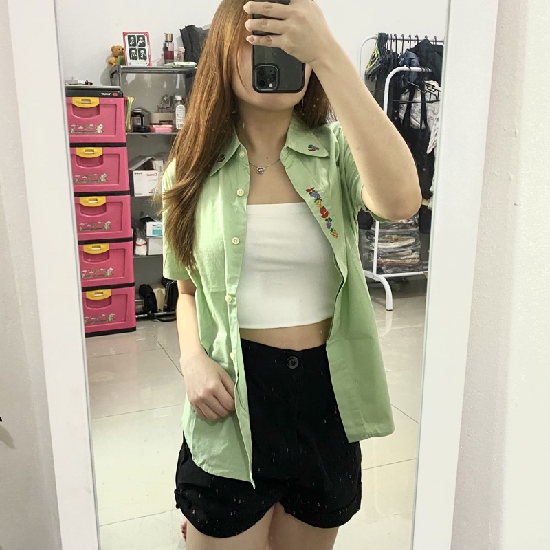 Áo Sơ Mi Cotton Màu Xanh Lá Thêu Hình Trái Cây