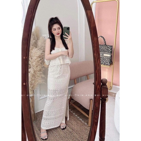 Set Váy Maxi Áo 2 Dây Với Chân Váy Suông Dáng Dài Xẻ Tà Nhẹ Ren Tiểu Thư Cá Tính Phong Cách Thời Trang - CAM CLOTHING