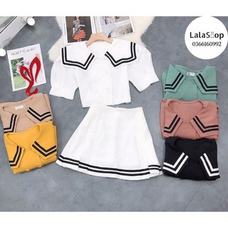 Set Áo Croptop Thủy Thủ & Chân Váy Xếp Ly Viền Lala Shop