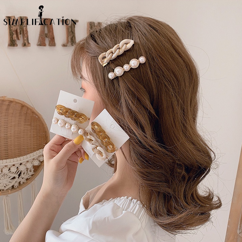 Kẹp Tóc Dạng Mỏ Vịt Đính Đá Ngọc Trai Acrylic Hàn Quốc Đơn Giản