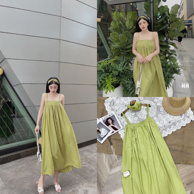 Maxi Đi Biển Ms.1017 Đầm Maxi Hai Dây Dáng Xòe, Chất Thô, Kèm Băng Đô Buộc Đầu