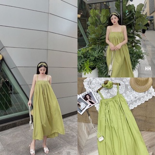 Maxi đi biển ms.1017 đầm maxi hai dây dáng xòe, chất thô, kèm băng đô buộc đầu