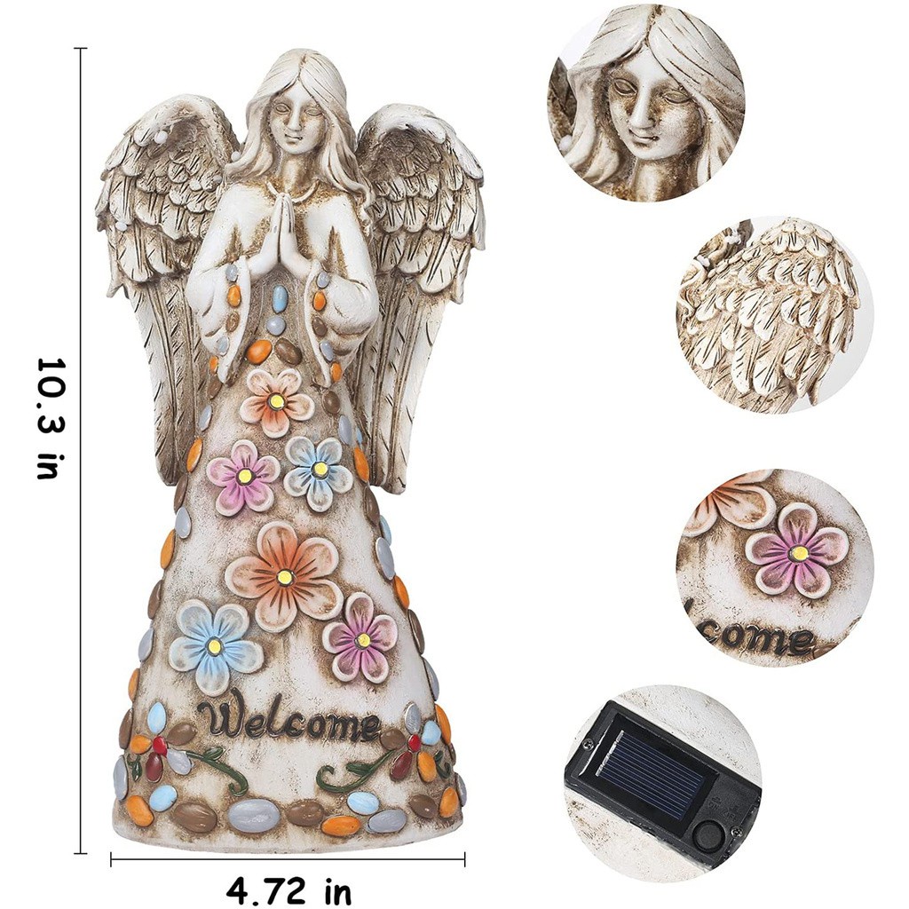 LUCKY Resin Solar Powerded Angel Garden Statue White Lights Figurine Outdoor Decor Yard/Lawn/Patio With 6 Warm LEDs Sculpture Memorial Gifts Porch Decoration