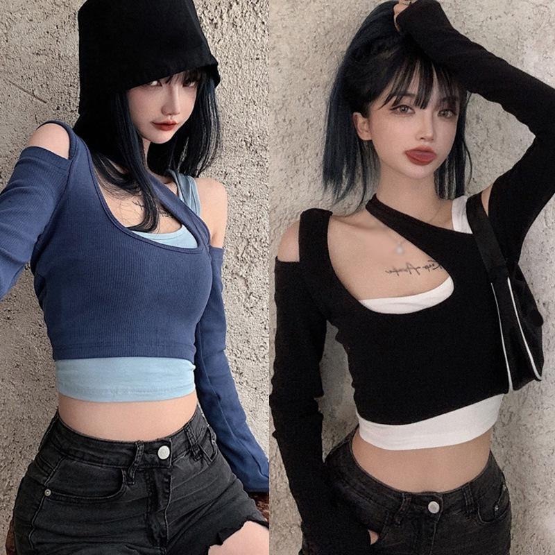 Áo Thun Tay Dài Giả Hai Lớp Phong Cách Hàn Quốc Thời Trang Cho Nữ